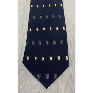 DiMoggio‎ 100% Silk Hand Made Tie Geometric print, Navy blue yellow colors, 59"